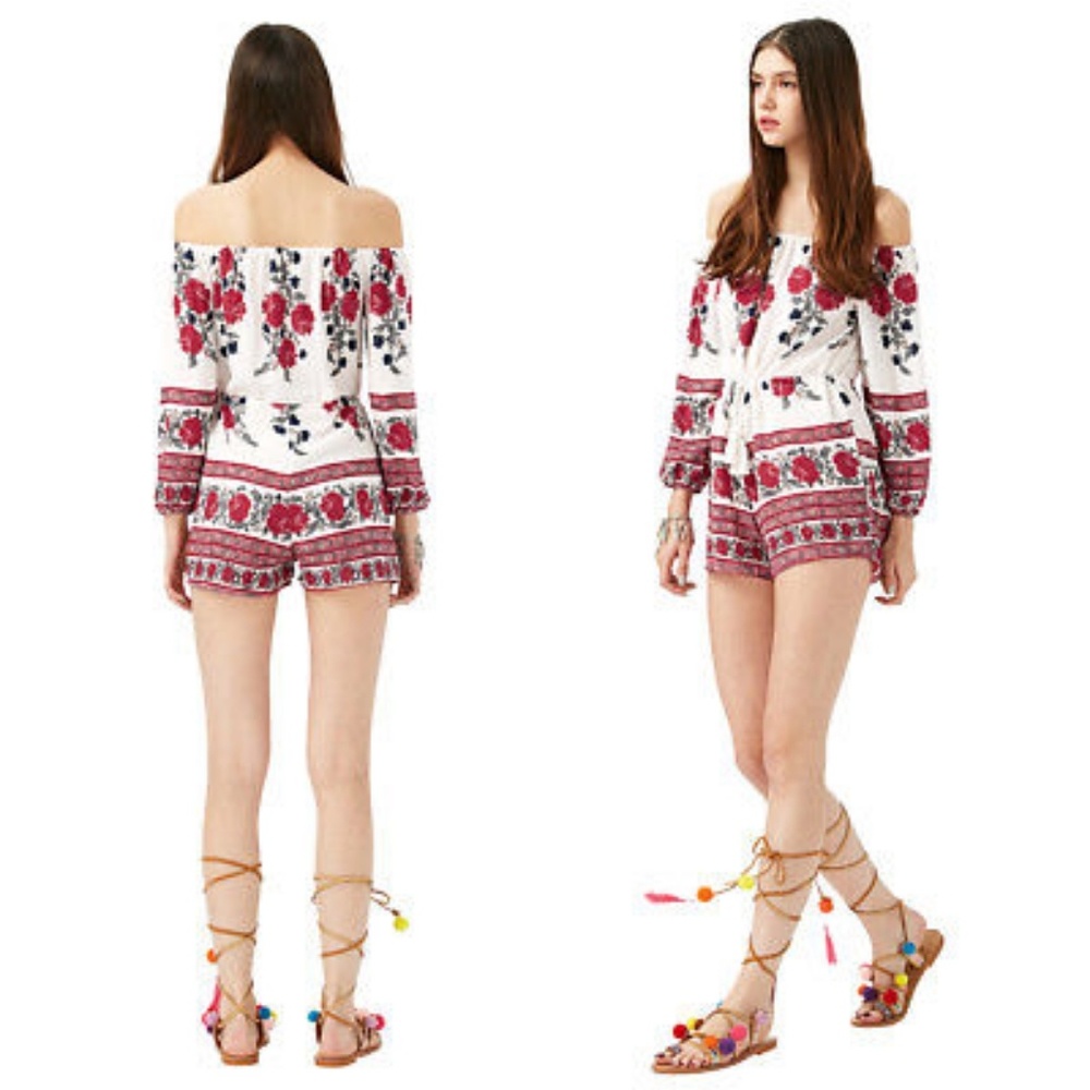 Off Shoulder Long Sleeve Red Floral Chiffon Romper - Picture 2 of 8